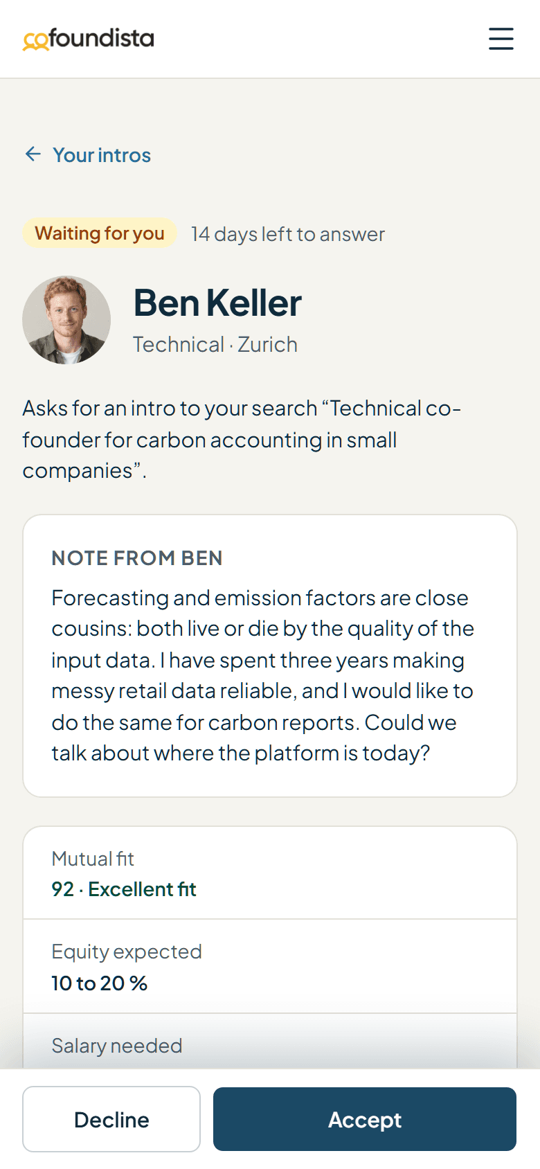 An intro request from Ben Keller with his note, the mutual fit and the buttons to decline or accept