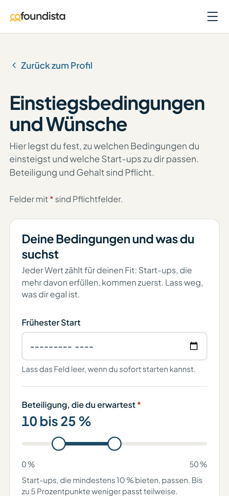 Einstiegsbedingungen am Handy mit einer Beteiligung von 10 bis 25 Prozent