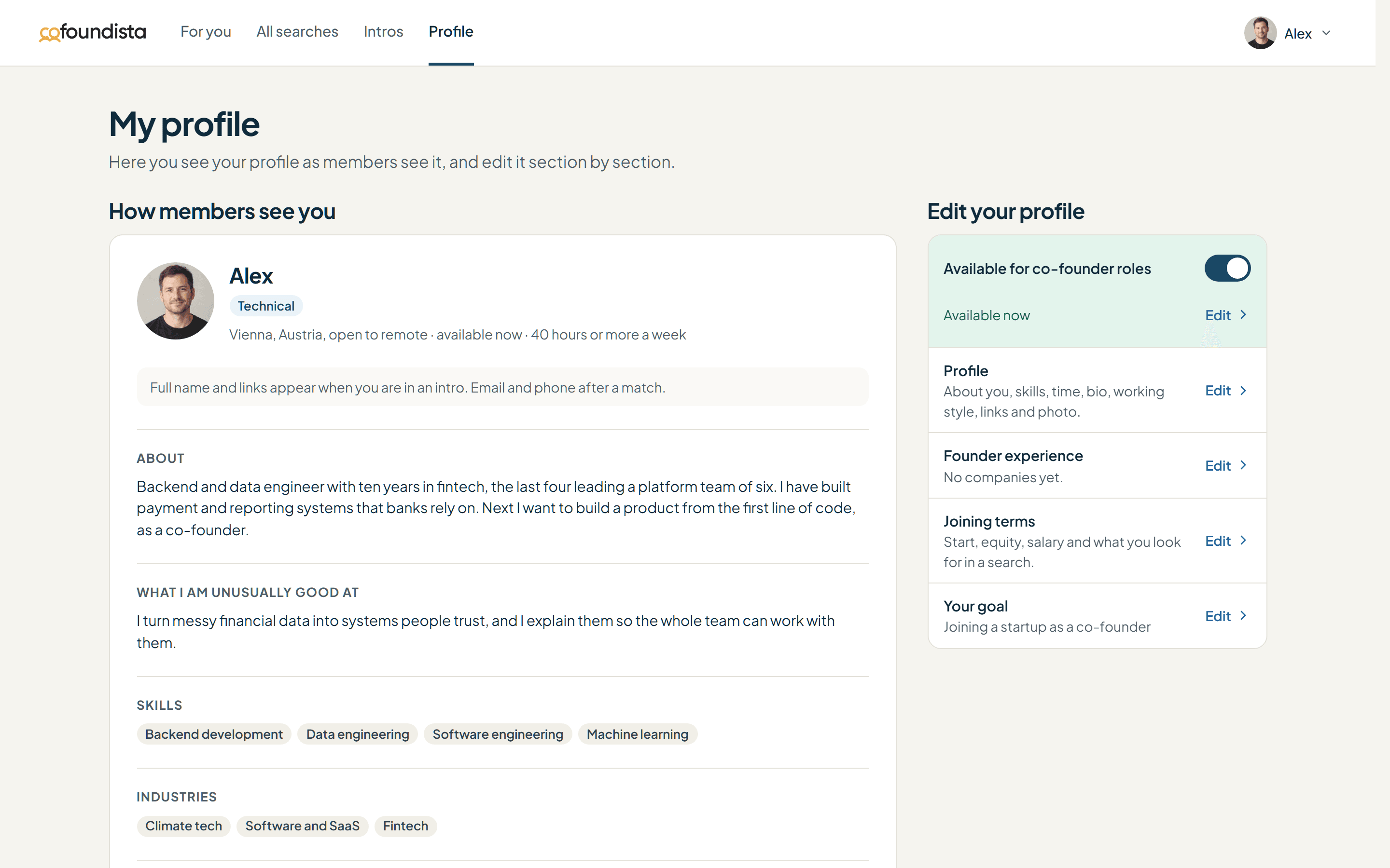 Alex's profile as members see it, with the sections to edit beside it