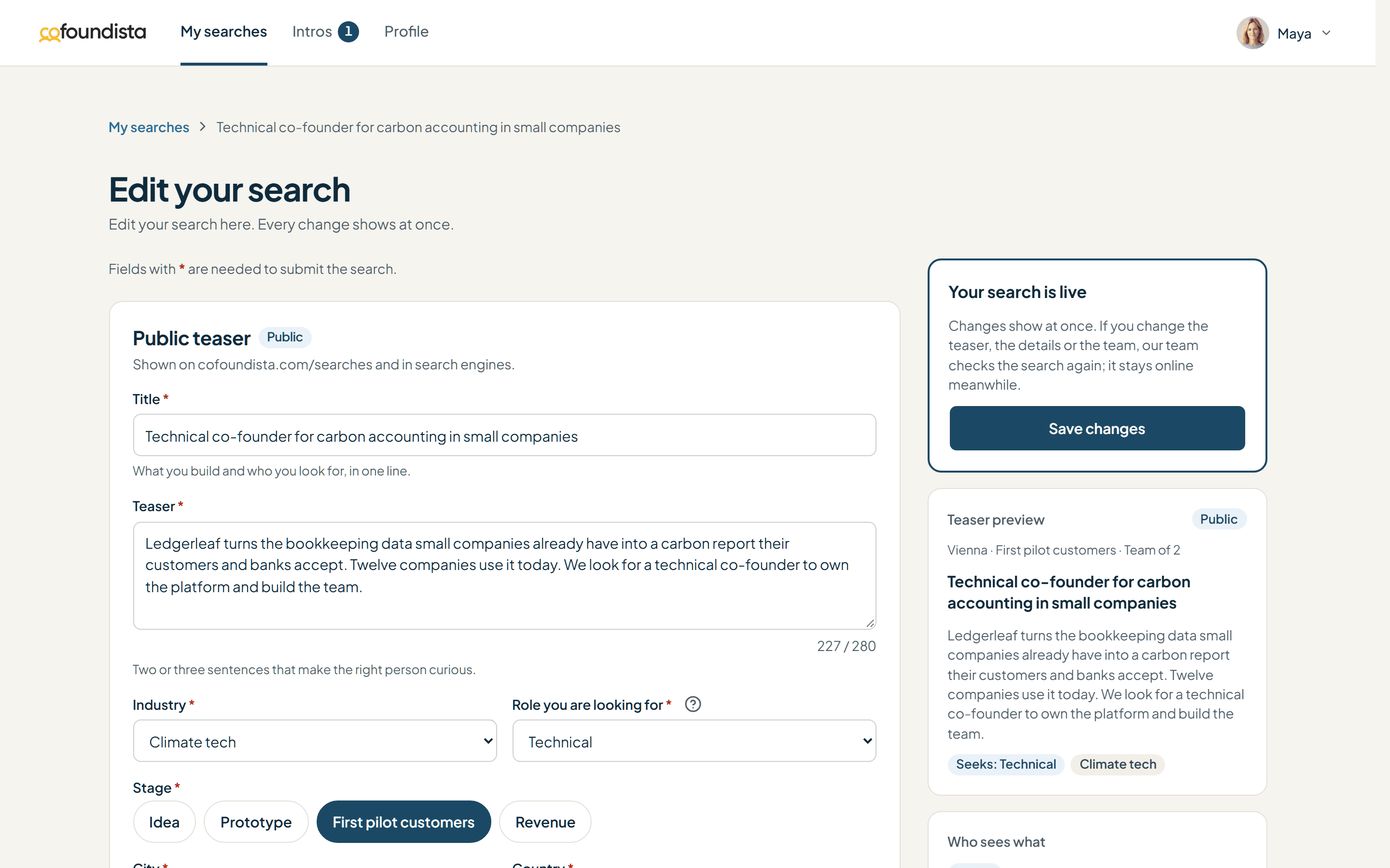 The search form with the public teaser and its live preview