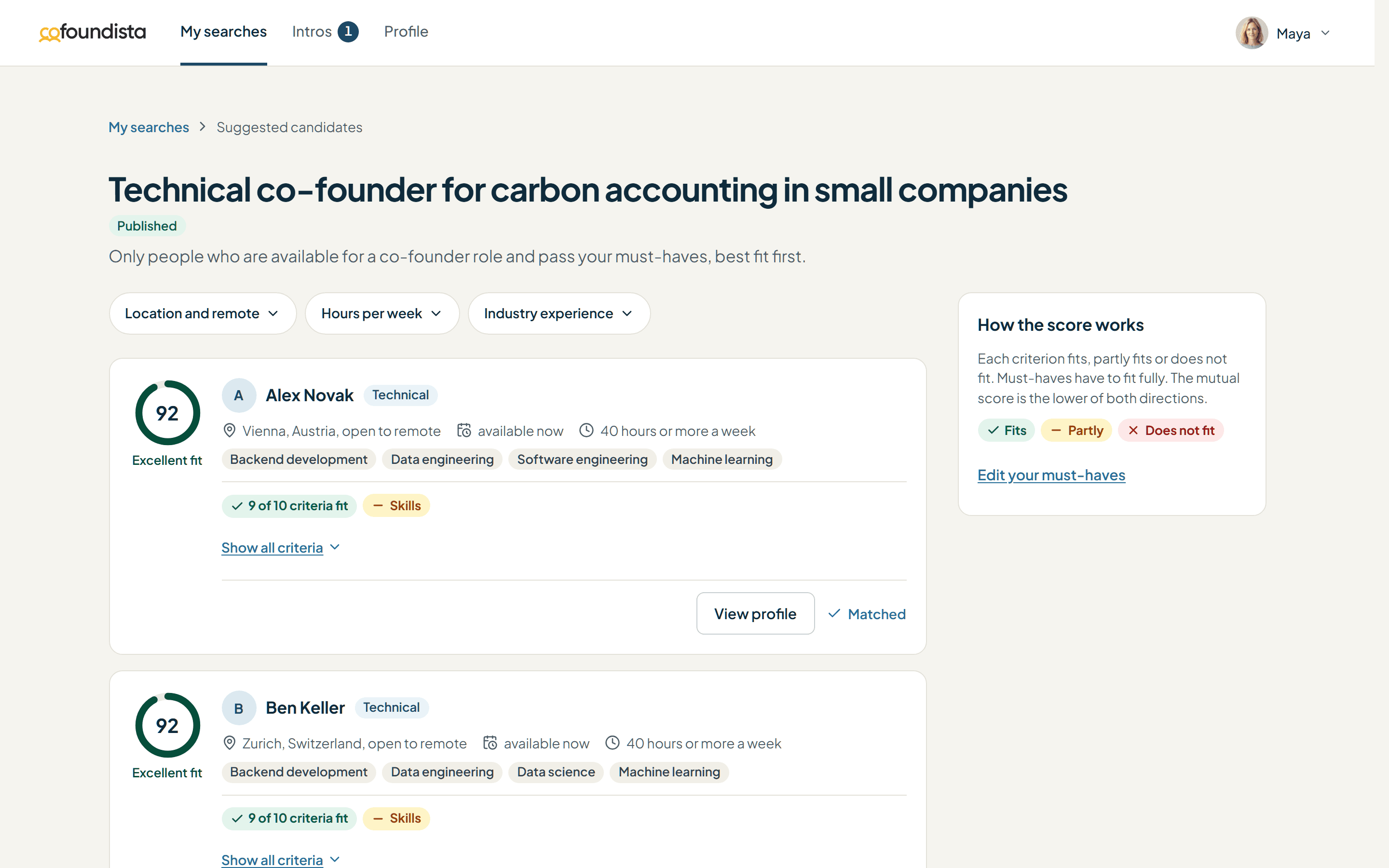 Suggested candidates for a search, the best fit first, each with the mutual fit and its criteria