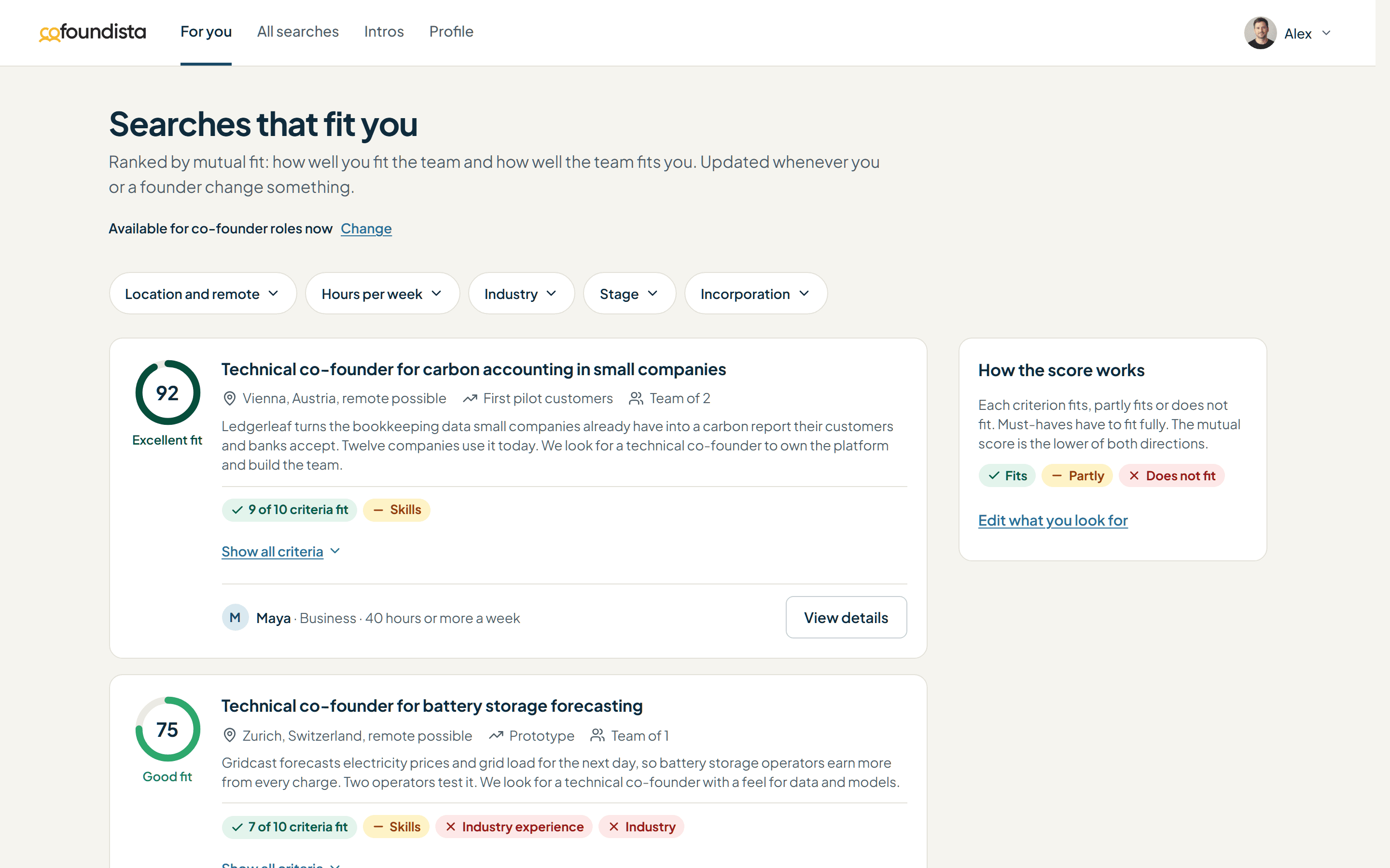 Searches that fit you: a search at 92, Excellent fit, and one at 75, Good fit