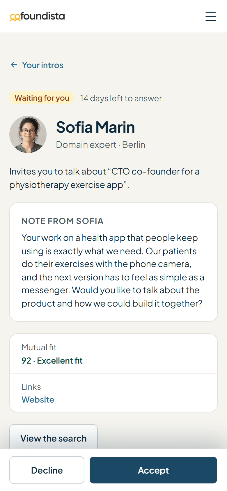 An invite from the founder Sofia Marin with her note and the fit