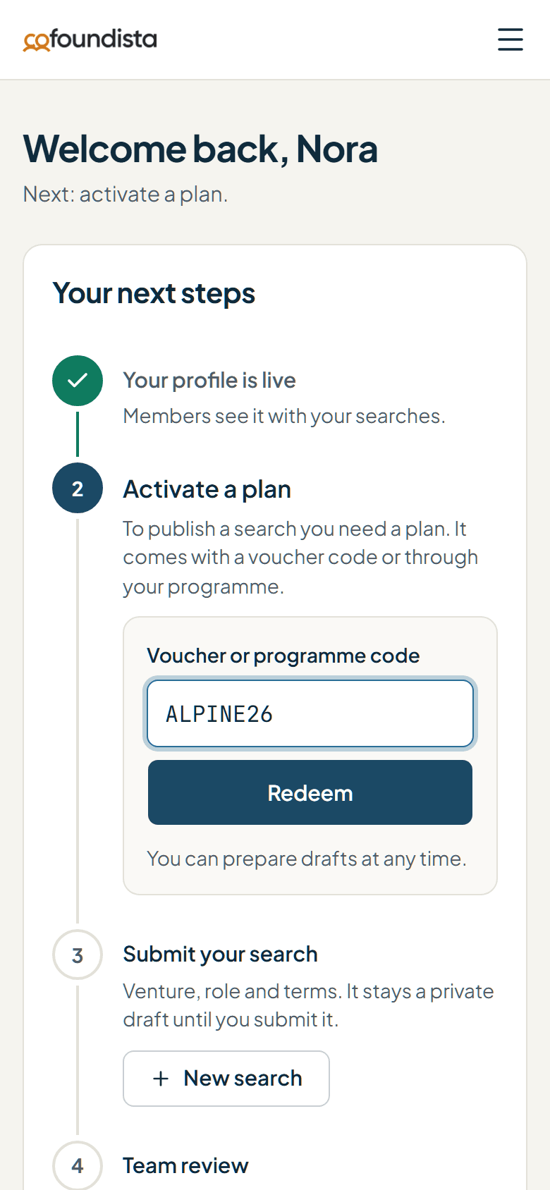 The app on a phone: a founder types the programme code ALPINE26.
