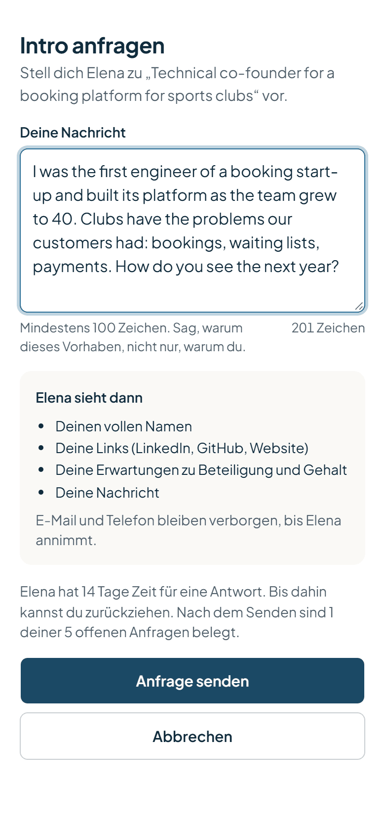 Der Dialog für eine Intro-Anfrage, mit einer geschriebenen Notiz