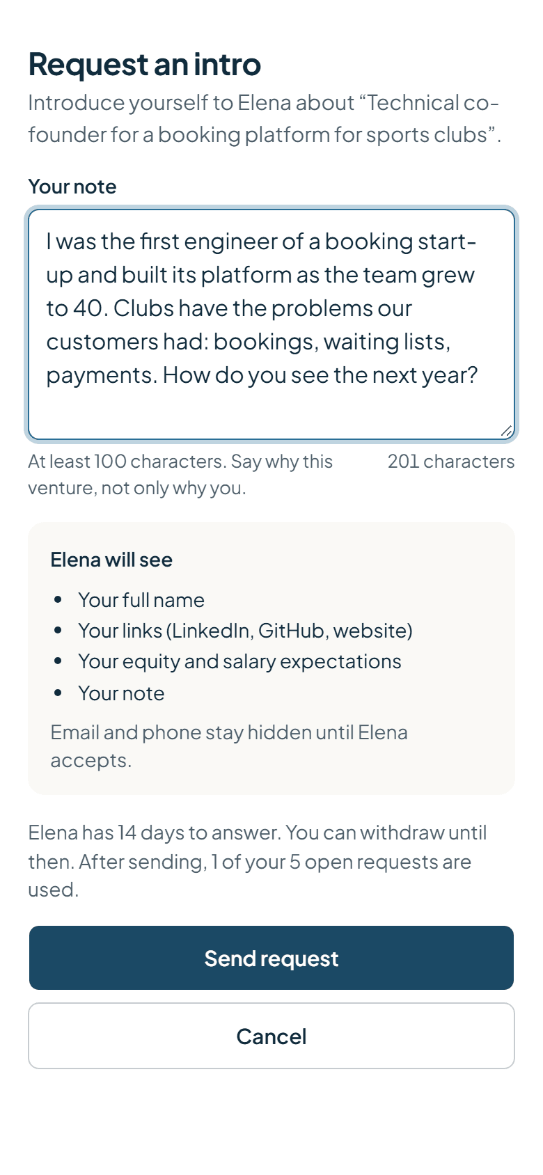 The dialog to request an intro, with a written note